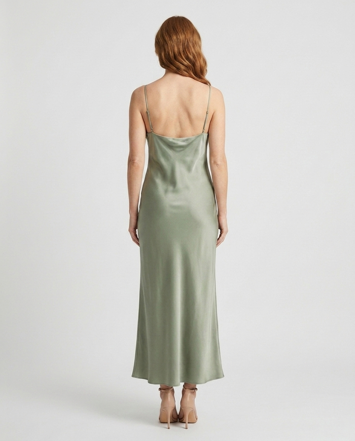 Elara sage green cowl neck maxi dress back view