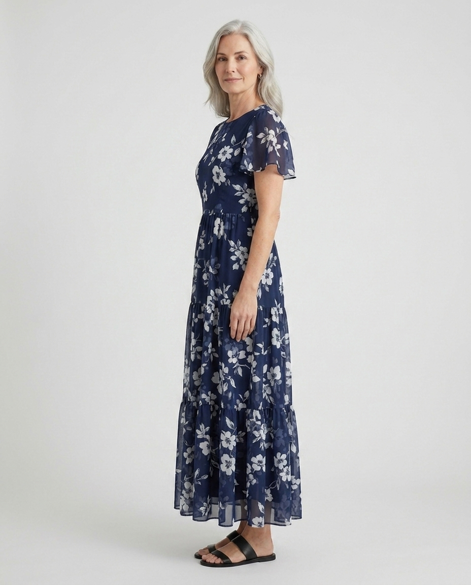 Simone navy floral print maxi dress side view