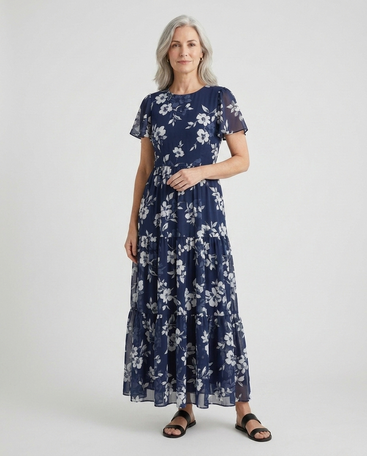 Simone navy floral print maxi dress styled pose