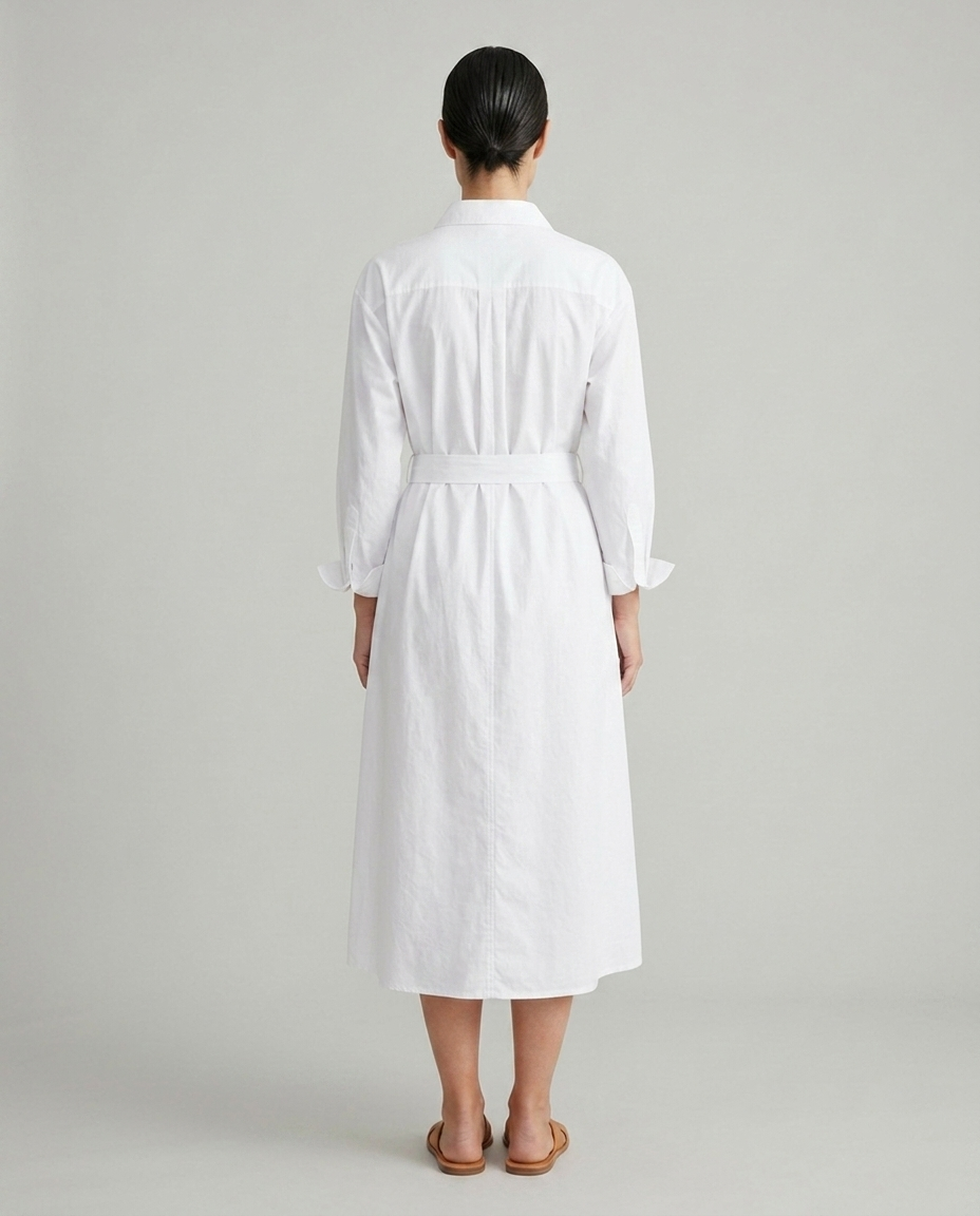 Juno white belted collared shirt midi dress back view