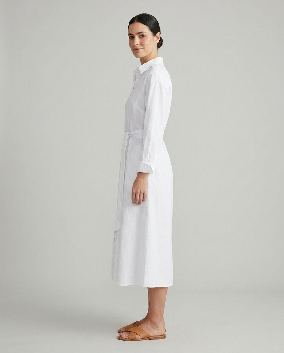 Juno white belted collared shirt midi dress side view