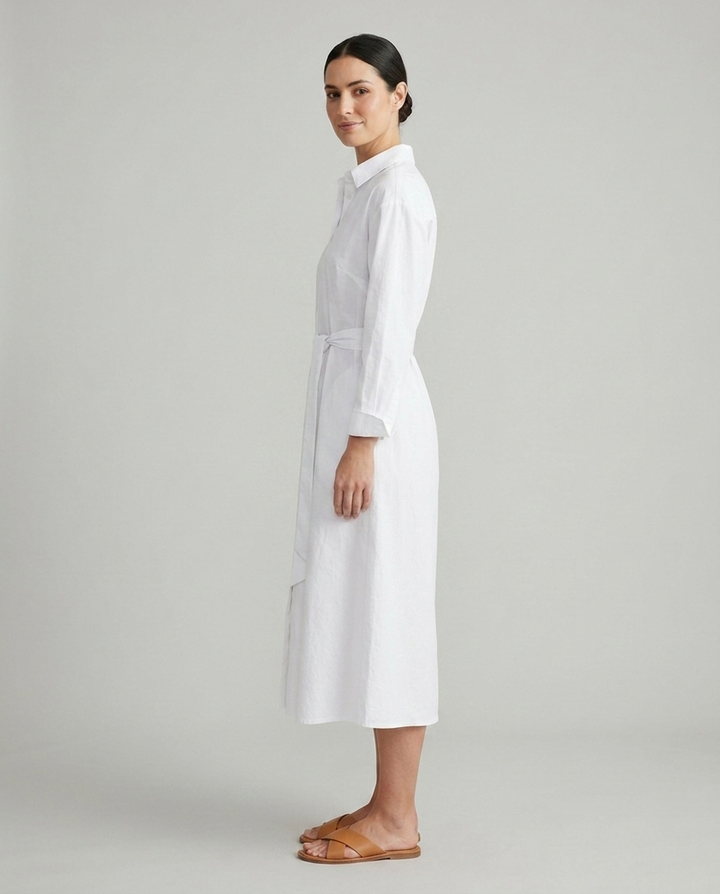 Juno white belted collared shirt midi dress side view