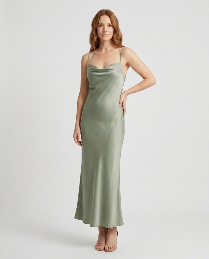 Elara sage green cowl neck maxi dress styled pose