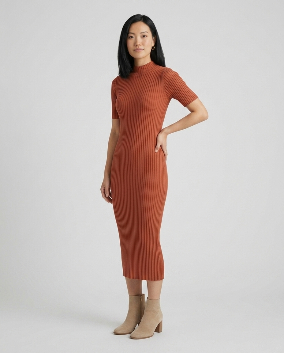 Wren terracotta mock neck ribbed midi dress styled pose