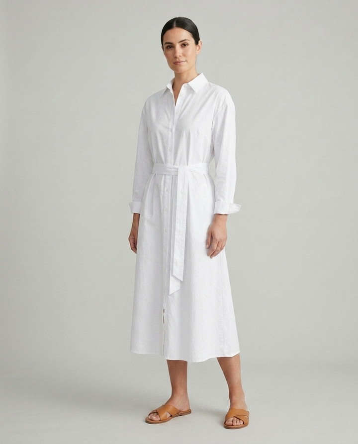 Juno white belted collared shirt midi dress styled pose