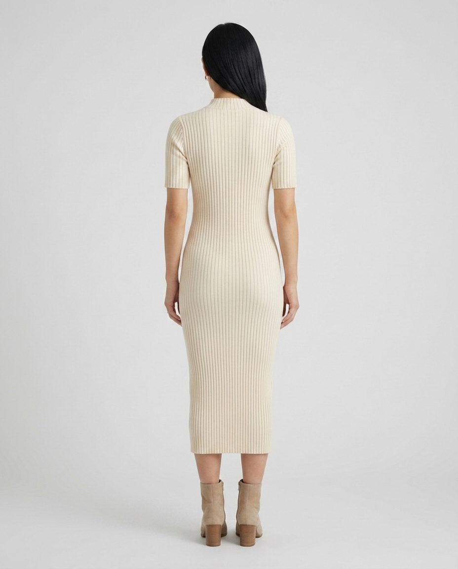 Wren cream mock neck ribbed midi dress back view