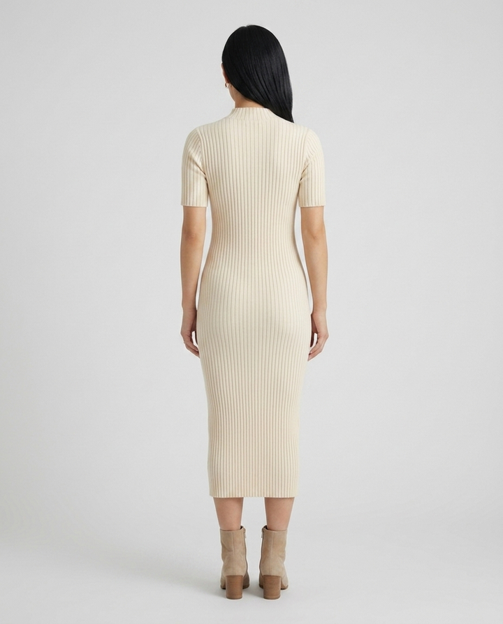 Wren cream mock neck ribbed midi dress back view