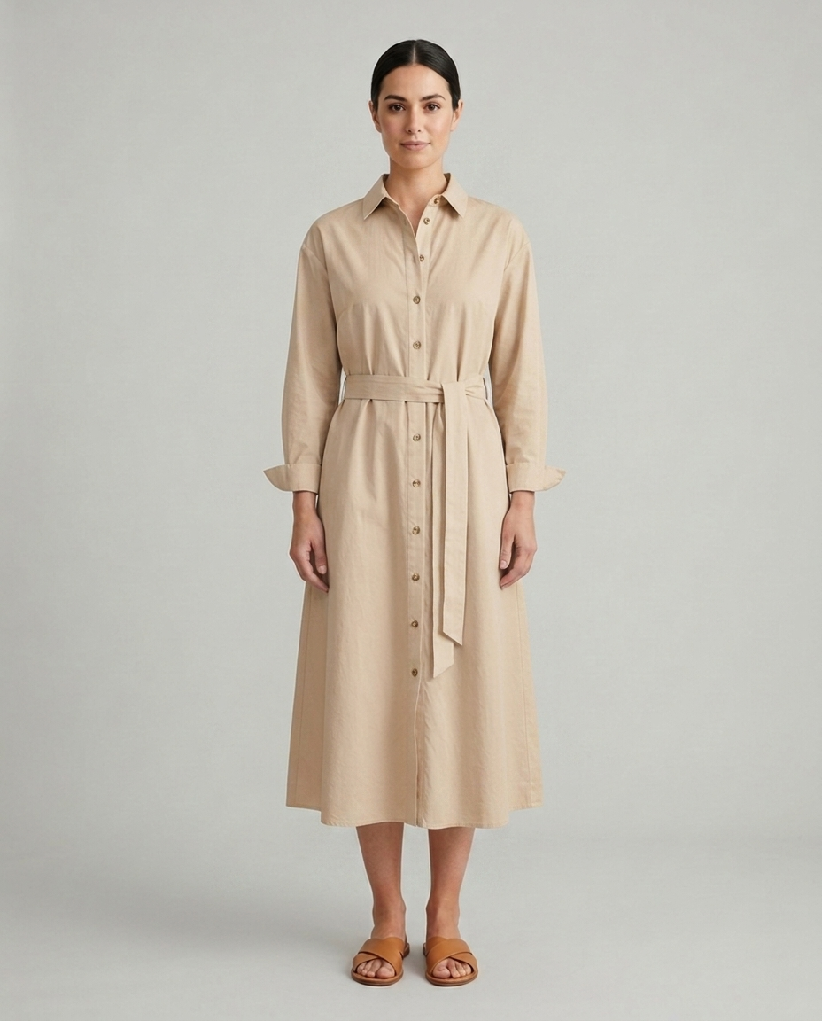 Juno beige belted collared shirt midi dress front view