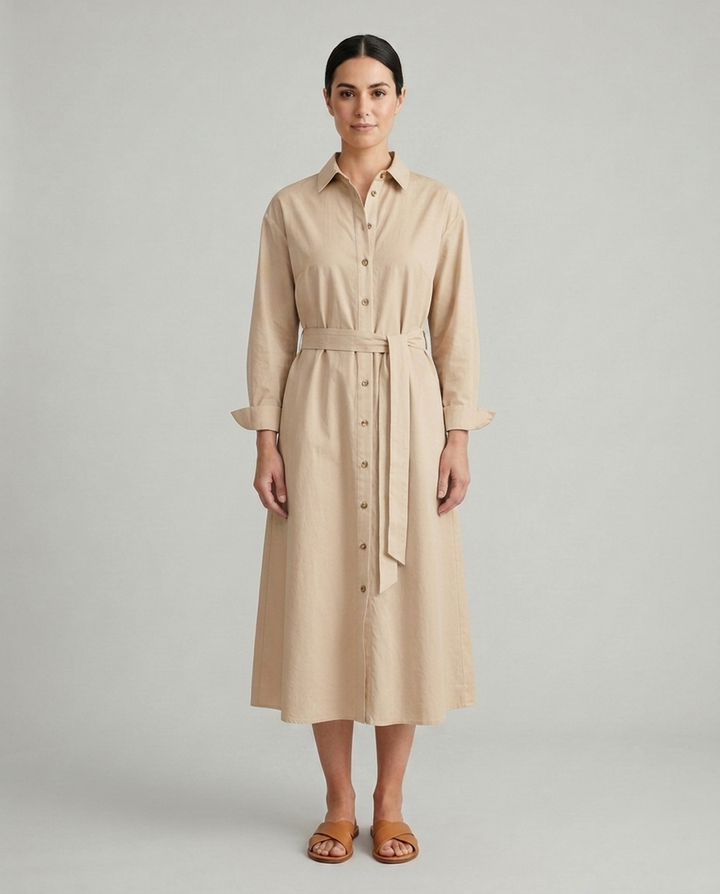 Juno beige belted collared shirt midi dress front view