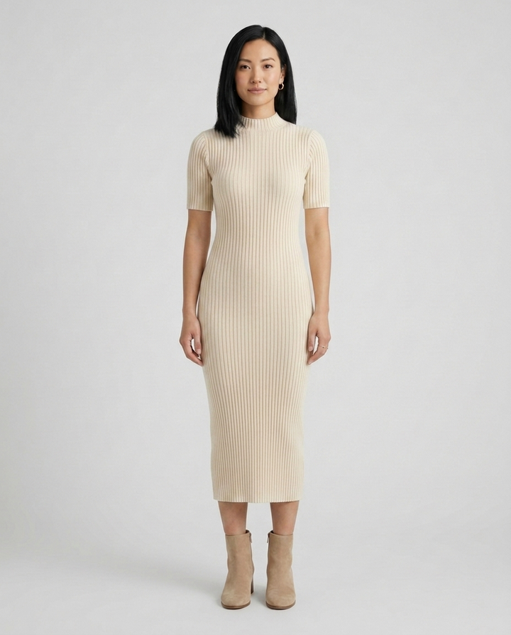 Wren cream mock neck ribbed midi dress front view