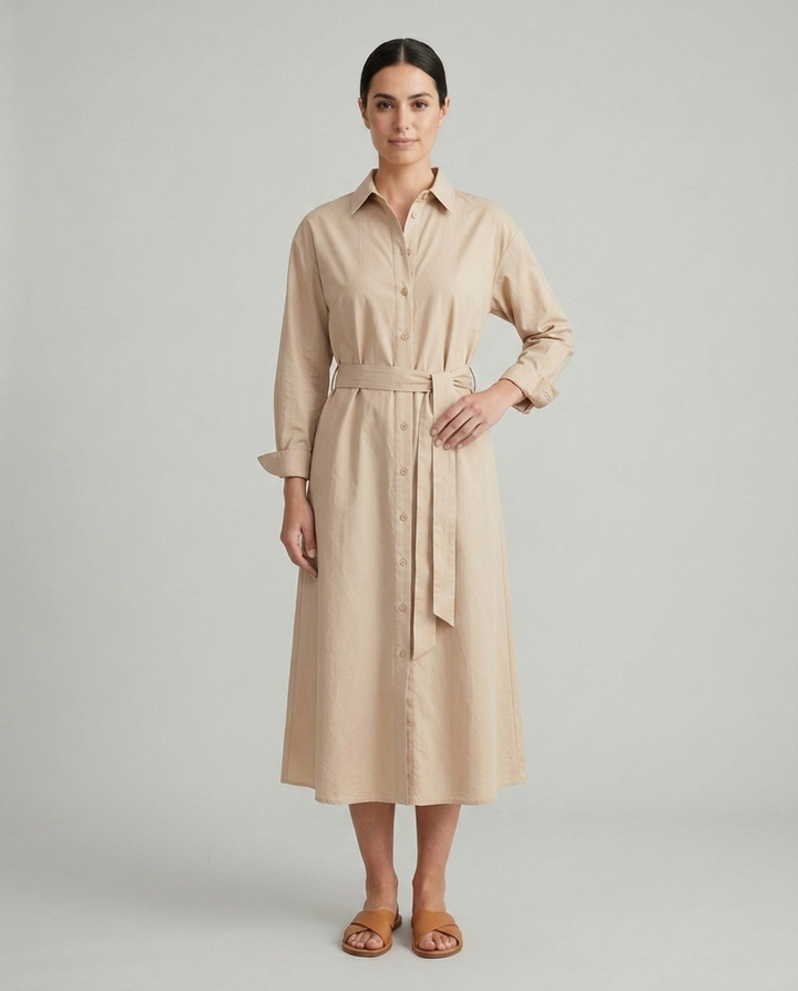 Juno beige belted collared shirt midi dress styled pose