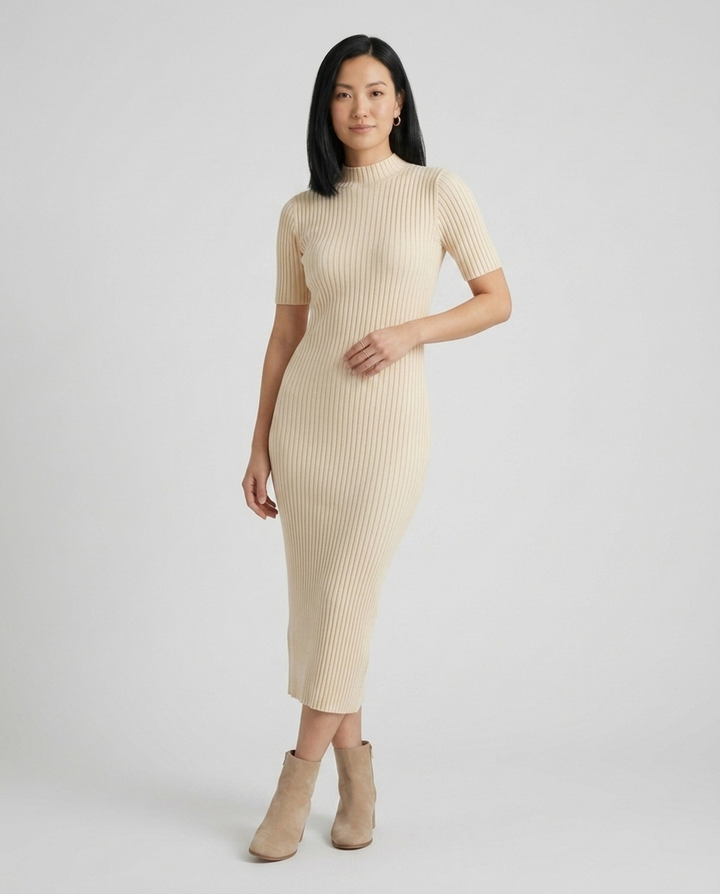 Wren cream mock neck ribbed midi dress styled pose