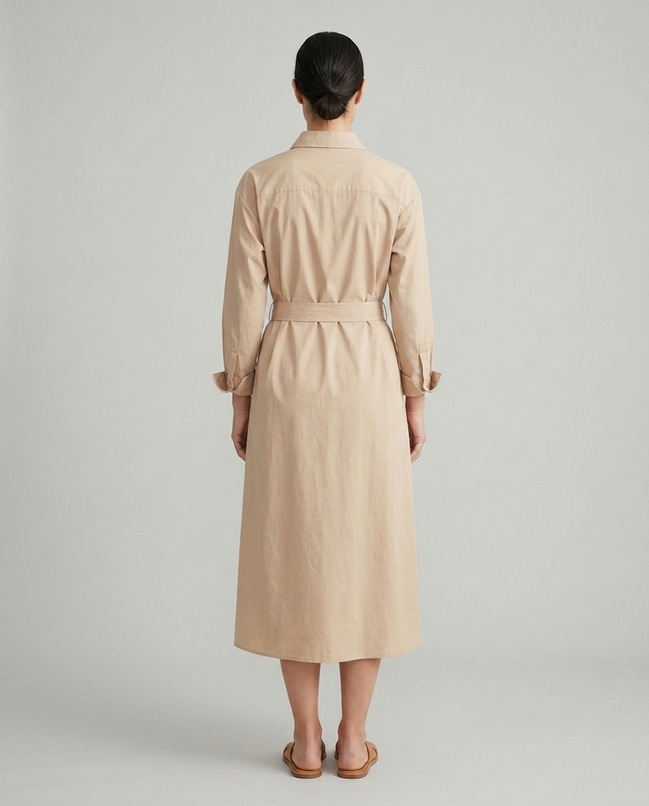 Juno beige belted collared shirt midi dress back view