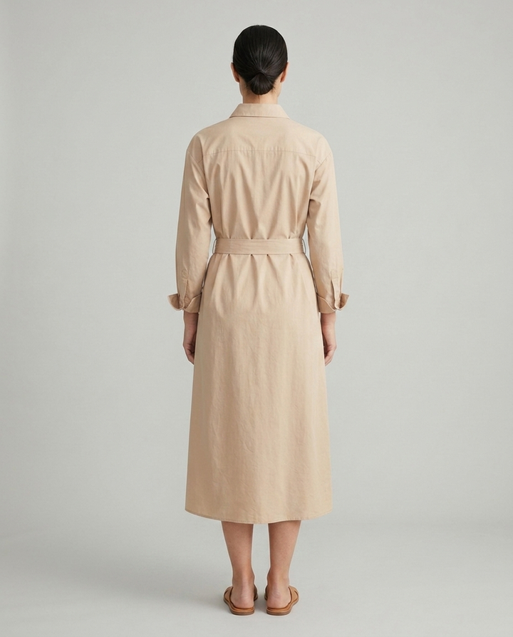 Juno beige belted collared shirt midi dress back view
