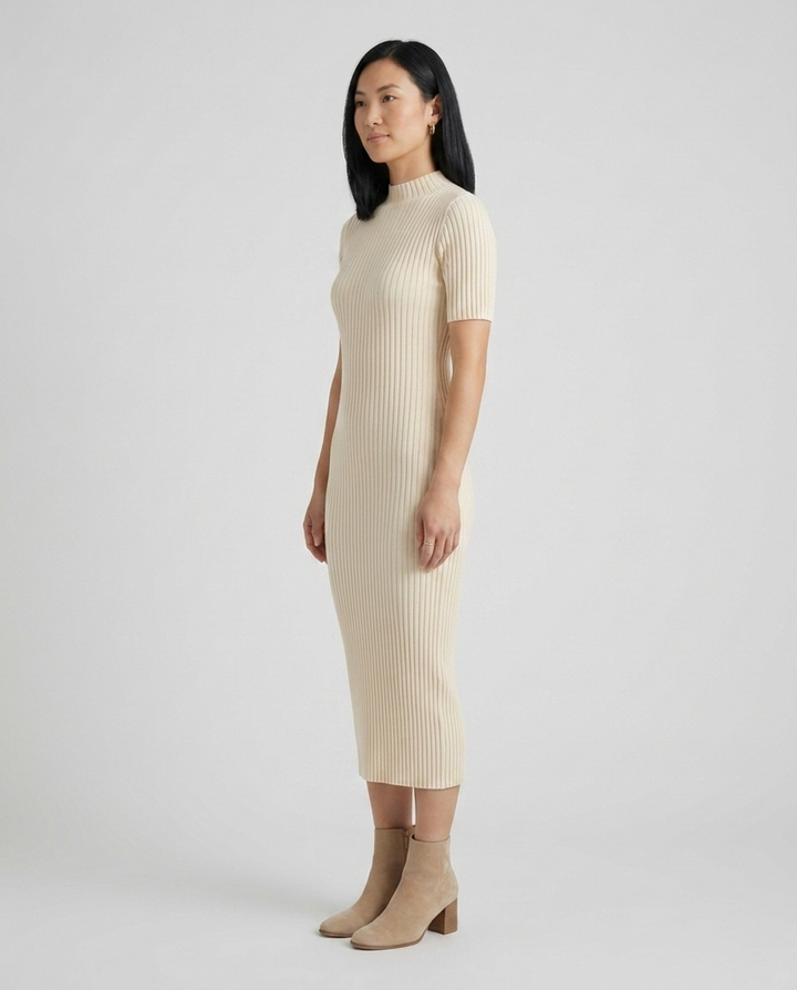 Wren cream mock neck ribbed midi dress side view