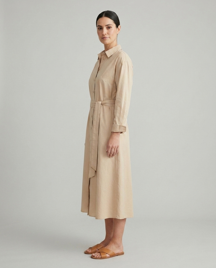 Juno beige belted collared shirt midi dress side view
