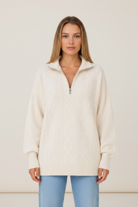 Faye | Women's Half Zip Funnel Neck Cable Knit Jumper