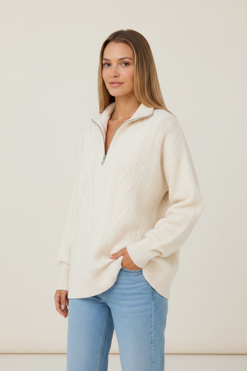 Faye | Women's Half Zip Funnel Neck Cable Knit Jumper