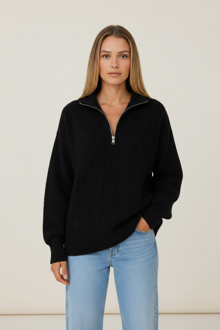 Faye | Women's Half Zip Funnel Neck Cable Knit Jumper