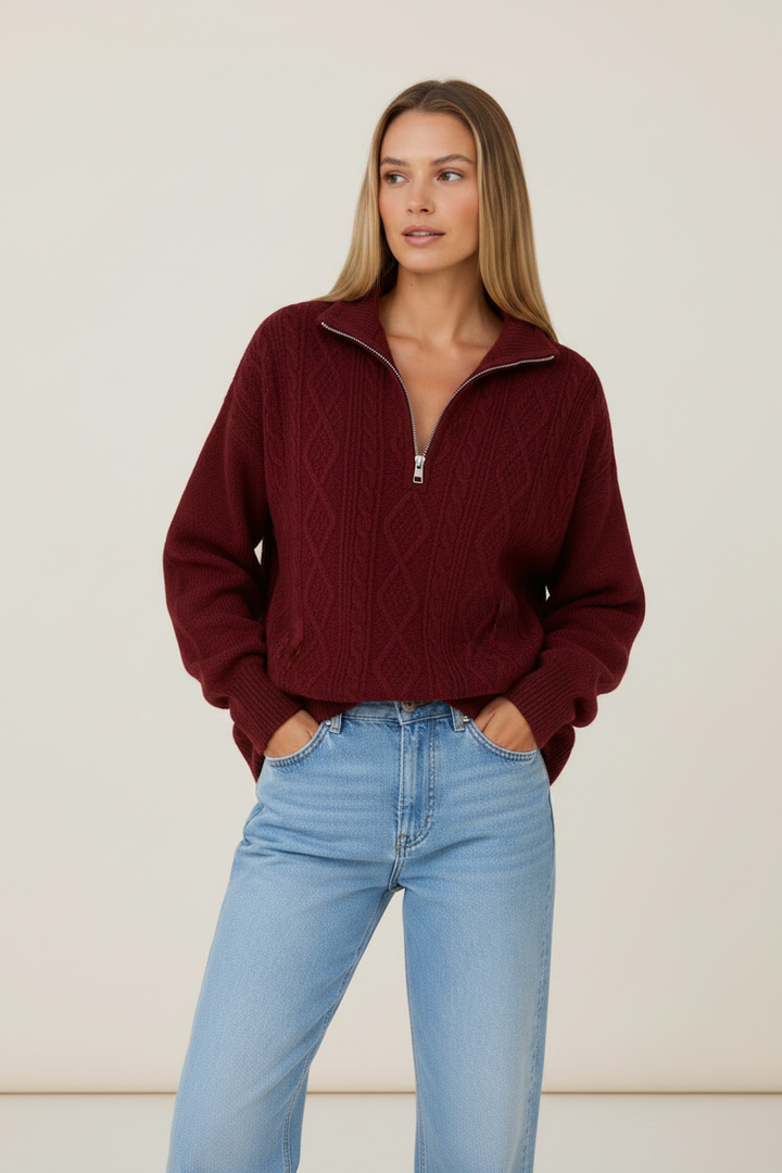 Faye | Women's Half Zip Funnel Neck Cable Knit Jumper