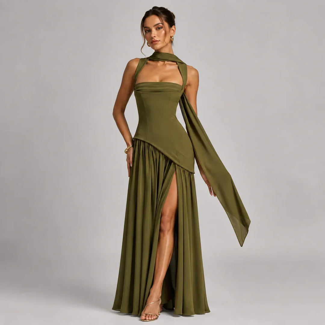 Celine | Women's Draped Satin Wedding Guest Maxi Dress