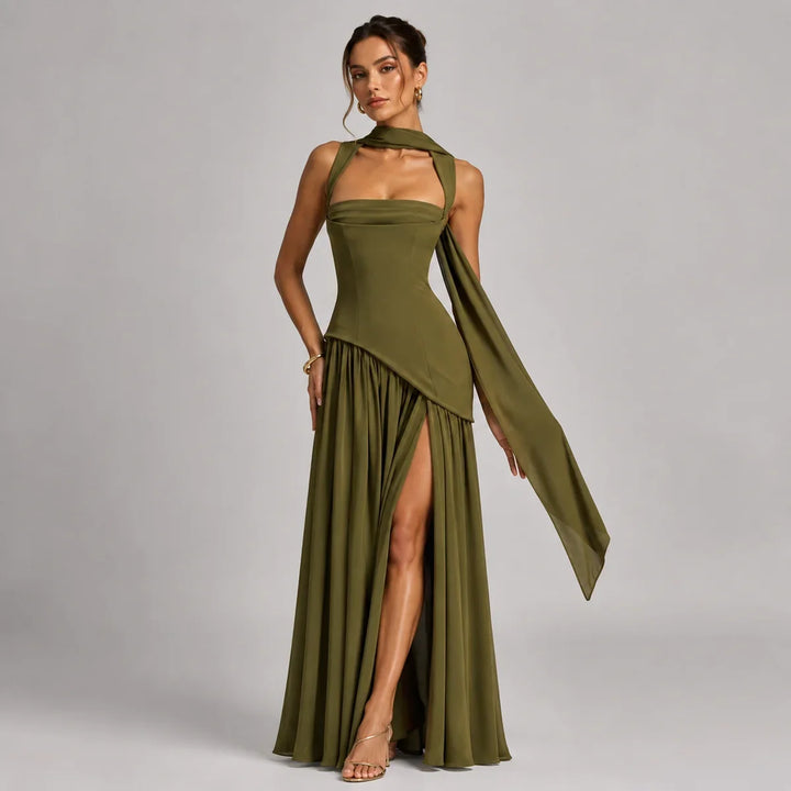 Celine | Women's Draped Satin Wedding Guest Maxi Dress